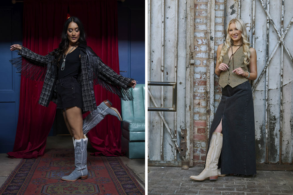 A photo montage of woman wearing western boots.